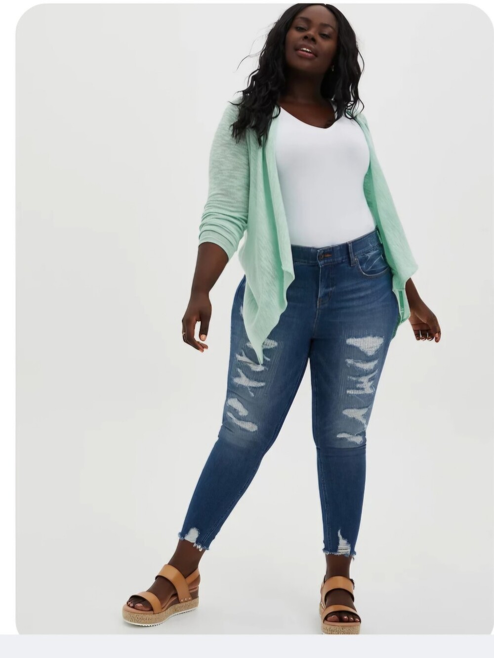 Torrid Mint Open-Front Sub Knit Draped Cardigan - Picture 2 of 7